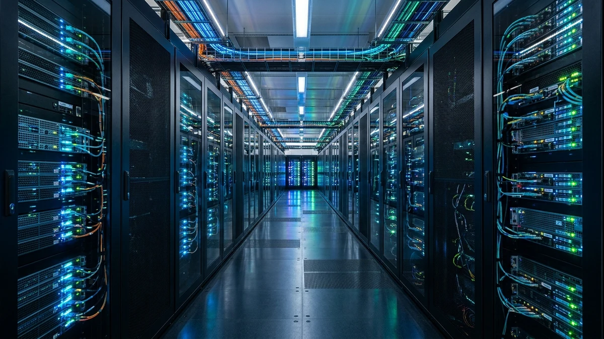 High-speed enterprise data center with glowing cyan LED server racks delivering low-latency UK streams for the best IPTV provider
