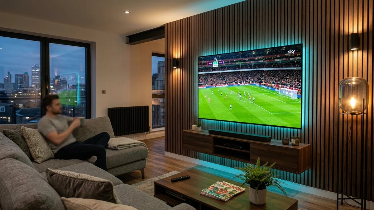 Modern UK living room with a wall-mounted 4K OLED TV streaming live sports in high definition with ambient cyan lighting - Best IPTV UK