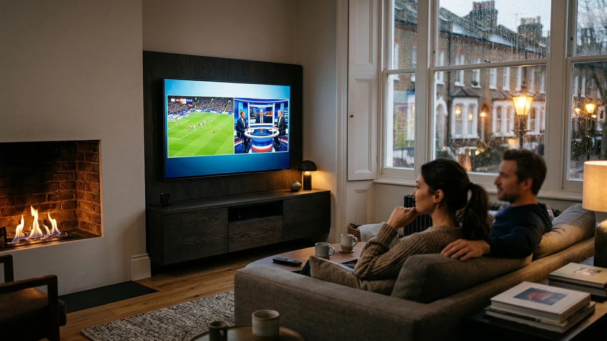 British IPTV streaming live television in a cozy London townhouse flat with city views outside
